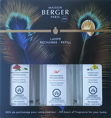 Tripack Etincelle - Sandalwood Temptation, Exquisite Sparkle, Heavenly Sun - Lampe Berger Fragrance Oil -3x250ml