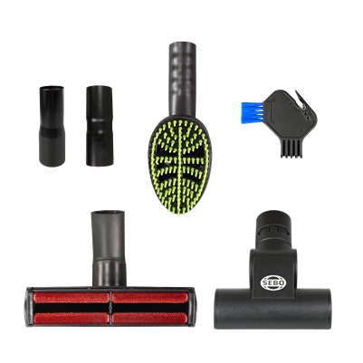 Sebo Pet Value Pack with pet hair nozzle, grooming brush, adapter, extender, turbo brush, brush roller cleaning tool